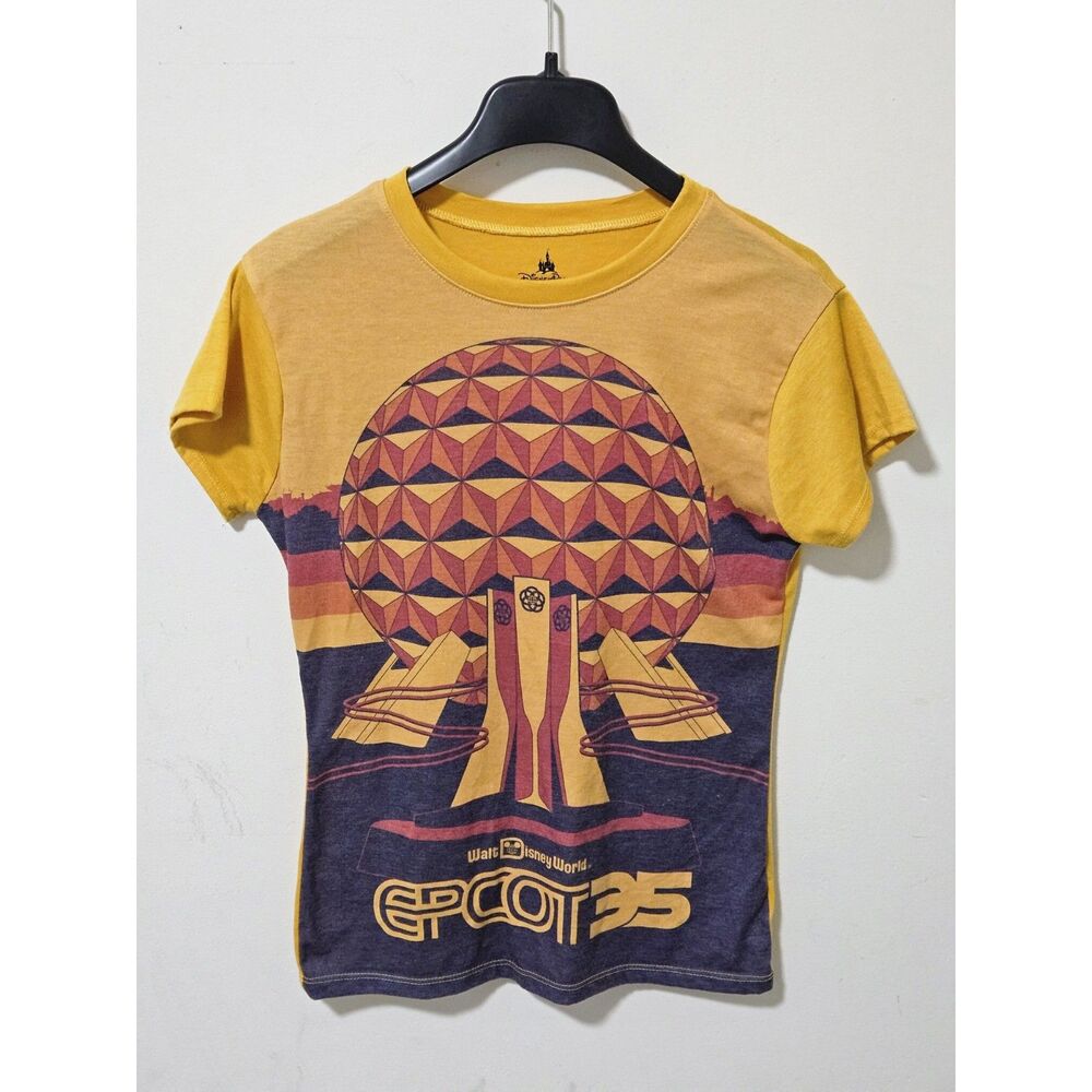 Disney Parks Epcot 35th Anniversary Spaceship Earth Retro Graphic Tee Mustard S